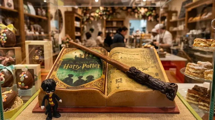 Mona en forma de llibre de màgia amb vareta de xocolata